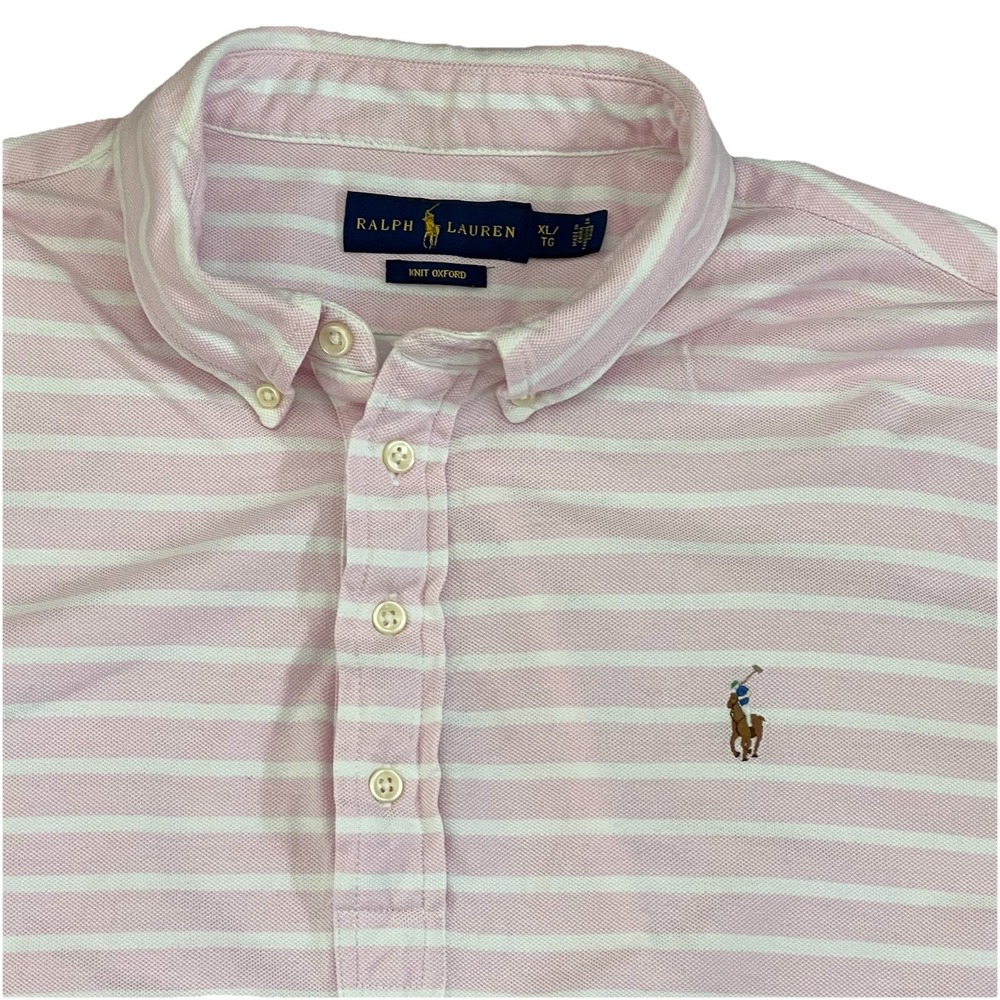 Ralph Lauren Polo Shirt Men XL Pink‎ Striped Brown Pony Embroidered Short Sleeve